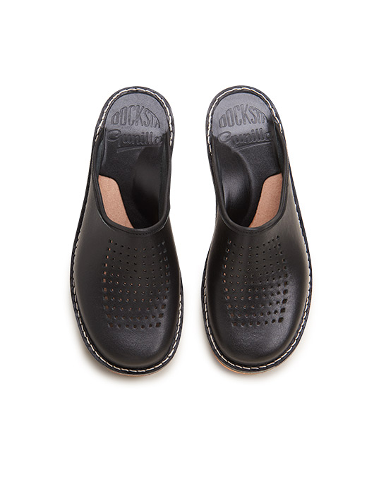 Black Slippers Gunilla Vegetable Tanned Leather Perforated