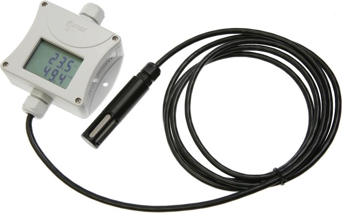 Temperatur- och luftfuktighetstransmitter med extern givare och display 0-10V