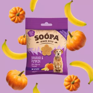 Soopa Healthy Bites är spannmålsfria, allergivänliga och tillverkade av naturliga ingredienser av humankvalitet. Dessa små bitar är utmärkta att använda för träning. De kommer i en praktisk fickvänlig kuddpåse så att du kan använda dem när du är på språng