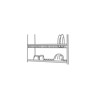 Illustration med en diskhylla i ett köksskåo med tallrikar och glas på.
