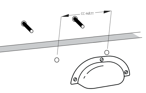 Skiss på hur man monterar skålhandtag på sin lådfront med utmärkta cc-mått