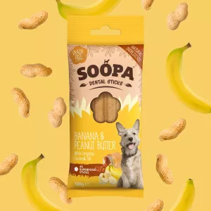 Soopa Dental Sticks är en allergivänlig spannmålsfri.Tillverkade med 100% naturliga ingredienser av human kvalitet. De hjälper till att hålla din hunds tänder rena och förbättrar andedräkten. Sprängfyllda med vitaminer, mineraler och hälsofördelar.