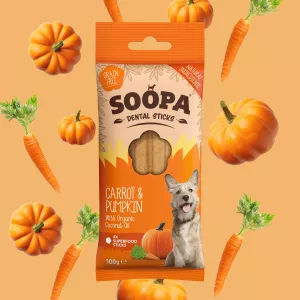 Soopa Dental Sticks är en allergivänlig spannmålsfri.Tillverkade med 100% naturliga ingredienser av human kvalitet. De hjälper till att hålla din hunds tänder rena och förbättrar andedräkten. Sprängfyllda med vitaminer, mineraler och hälsofördelar.