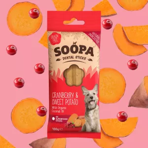 Soopa Dental Sticks är en allergivänlig spannmålsfri.Tillverkade med 100% naturliga ingredienser av human kvalitet. De hjälper till att hålla din hunds tänder rena och förbättrar andedräkten. Sprängfyllda med vitaminer, mineraler och hälsofördelar.