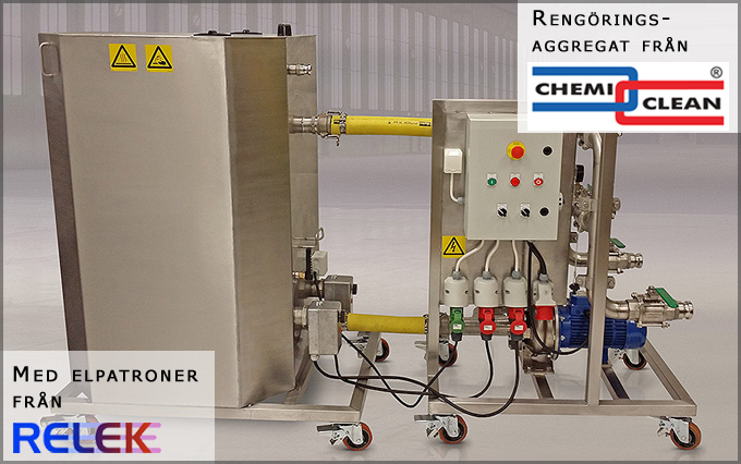 Rengöringsaggregat tillverkat av ChemiClean AB. I den vänstra delen finns elpatroner från RELEK Produktion AB, Sverige.