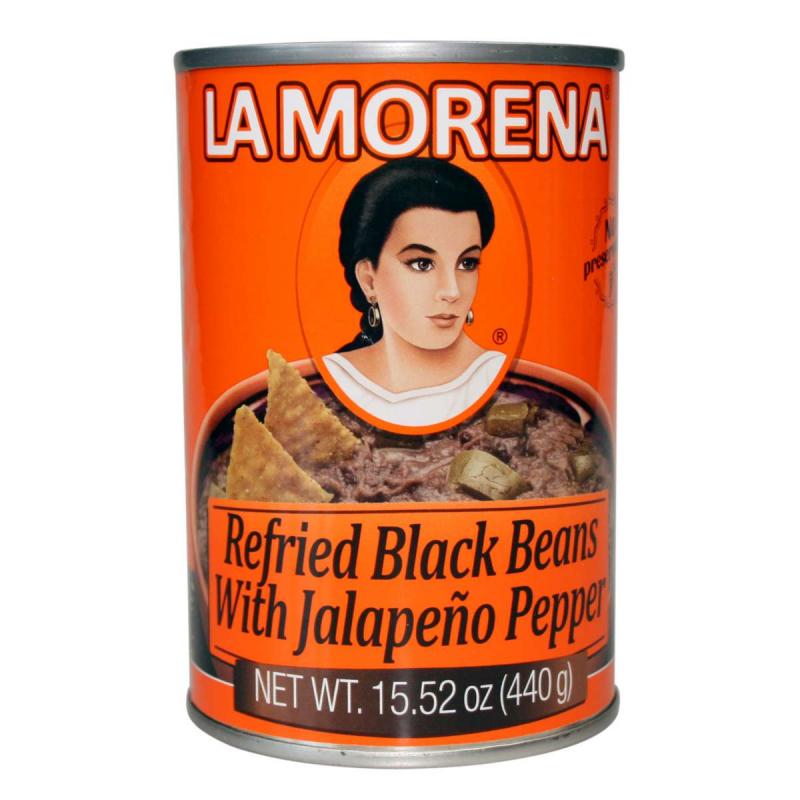 Frijoles negros refritos con chile  jalapeño, La Morena, 440 g