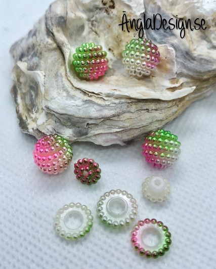 Bär pärla/berry beads grön/rosa/vit 10mm acryl, 5-pack