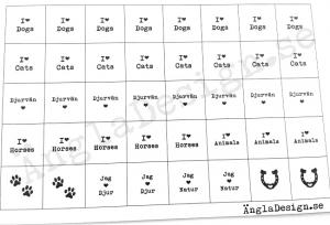 Färdigt textark 14mm, för 40st berlocker, "djurvän" blandade texter