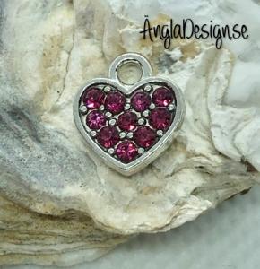 Berlock litet hjärta i antiksilver med mörk rosa strass på båda sidor, 1st