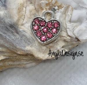 Berlock litet hjärta i antiksilver med rosa strass på båda sidor, 1st