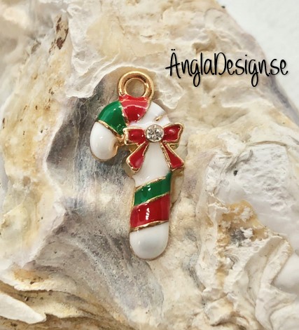 Berlock polkagrisstång emaljerad vit/röd/ grön med strass, guldfärg pläterad, 1st