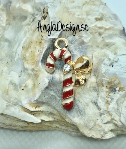 Berlock polkagrisstång emaljerad vit/röd med strass, guldfärg pläterad, 1st