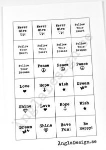 Färdigt textark, blandade budskap "love,hope, dream" 14mm 1ark