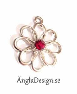 Berlock platinum, blomma med röd sten, 1 st
