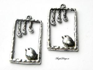 Rektangel med söt fågel, antik silver, 1st