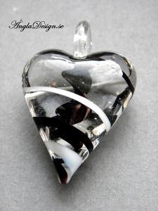 Lampworkhjärta smalt avlångt, klar/svart/vit, 1st
