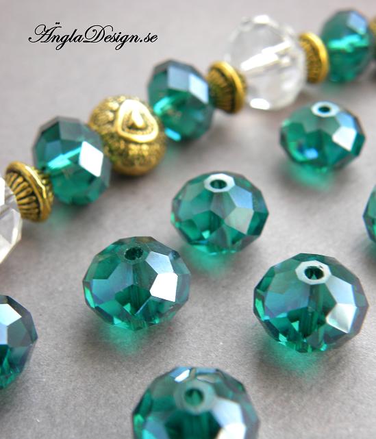 Glasrondell, facetterad 12X9mm emerald, 20-pack