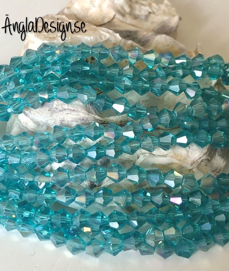 Glaspärla bicone Crystal 4mm turkos med AB lyster, 1 sträng