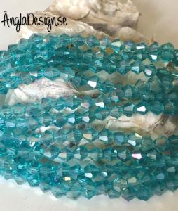 Glaspärla bicone Crystal 4mm turkos med AB lyster, 1 sträng