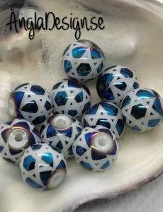 Glaspärla 8mm rund med stjärnmönster blå ,10-pack