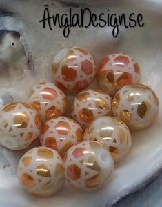 Glaspärla 8mm rund med stjärnmönster gul/orange ,10-pack