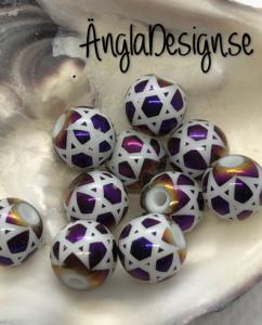 Glaspärla 8mm rund med stjärnmönster lila ,10-pack