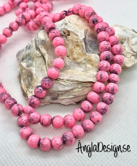 Glaspärla drawbench rosa med svart stänk på, 6mm, 1 sträng