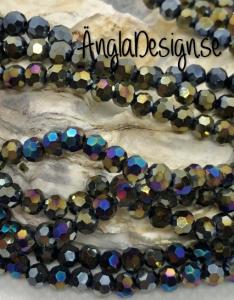 Glaspärla rund facetterad 4mm svart med AB lyster, 1 sträng