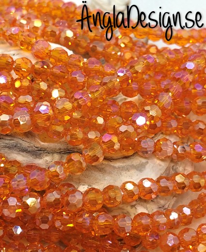 Glaspärla rund facetterad 4mm orange med AB lyster, 1 sträng
