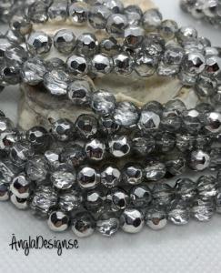 Glaspärla rund facetterad 6mm silver, 1 sträng
