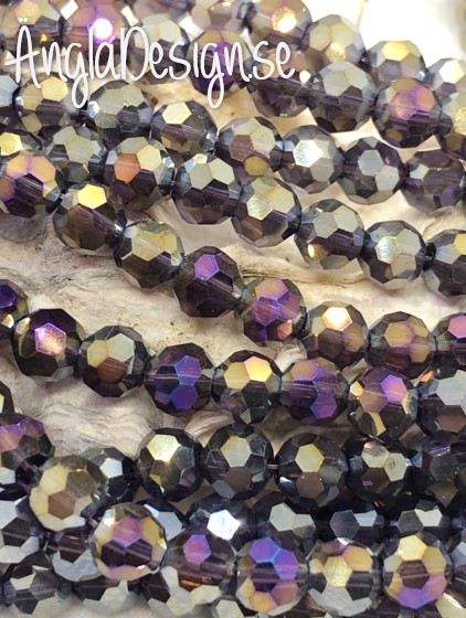 Glaspärla rund facetterad 6mm lila med AB lyster, 1 sträng