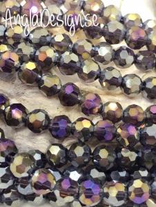 Glaspärla rund facetterad 6mm lila med AB lyster, 1 sträng