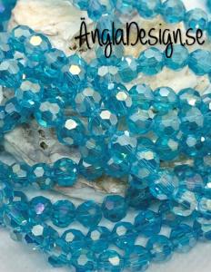 Glaspärla rund facetterad 6mm ljusblå med AB lyster, 1 sträng