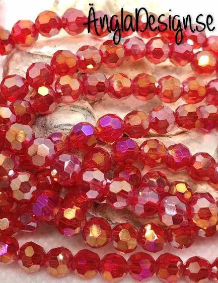 Glaspärla rund facetterad 6mm röd med AB lyster, 1 sträng
