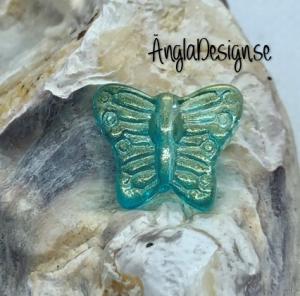 Glaspärla fjäril blå med guld lyster, 1st