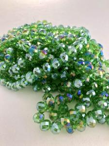 Glasrondell facetterad 10x8mm grön med AB lyster, 1 sträng