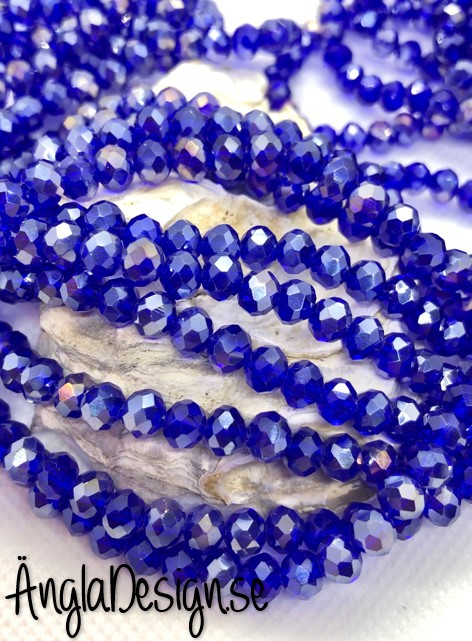 Glasrondell, facetterad 6x4mm blå med AB lyster, 1 sträng
