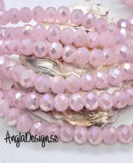 Glasrondell, facetterad 8x6mm imiterad jade rosa med AB lyster, 1 sträng