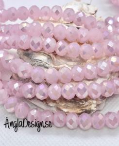 Glasrondell, facetterad 8x6mm imiterad jade rosa med AB lyster, 1 sträng