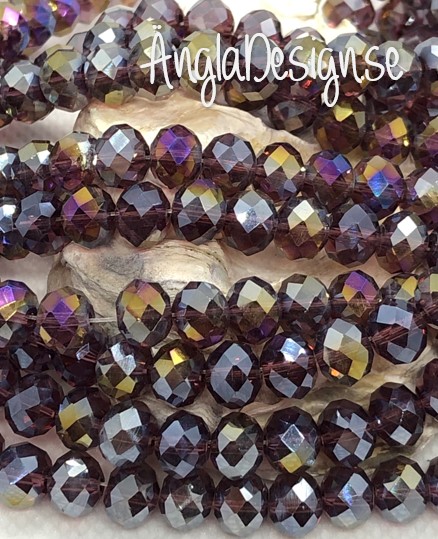 Glasrondell, facetterad 8x6mm lila med AB lyster, 1 sträng