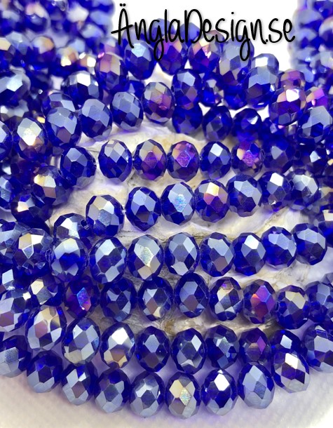 Glasrondell, facetterad 8x6mm mörkblå med AB lyster, 1 sträng