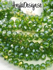 Glasrondell, facetterad 8x6mm mossgrön med AB lyster, 1 sträng