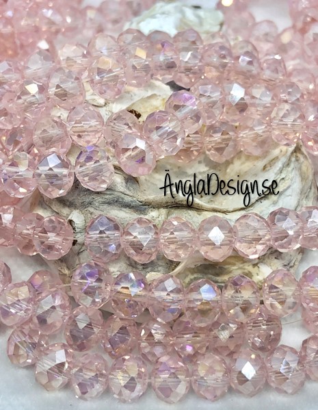 Glasrondell, facetterad 8x6mm rosa med AB lyster, 1 sträng