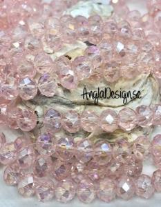 Glasrondell, facetterad 8x6mm rosa med AB lyster, 1 sträng