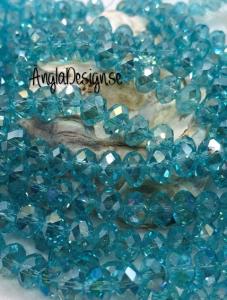 Glasrondell, facetterad 8x6mm turkos med AB lyster, 1 sträng