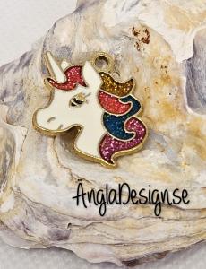 Hänge enhörningshuvud glitter, emaljerad, guldfärg pläterad 1-pack