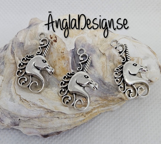 Hänge enhörningshuvud, antiksilver, 3-pack