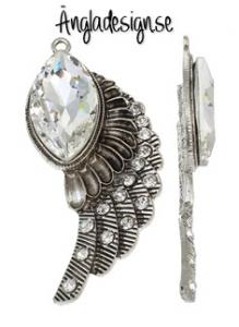 Hänge stor fjäder med strass av glas, antiksilver, 1st