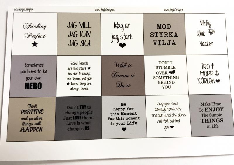 Färdigt textark för 25mm, blandade texter , grå/beige, 1 ark