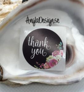Klistermärken runda 25mm " Thank You" svart med blommor, 10-pack